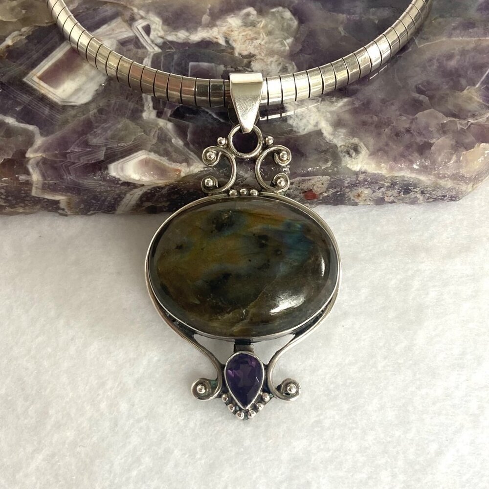 Sterling Silver 925 Oval Labradorite & Amethyst Pendant Necklace 18" Omega Chain
